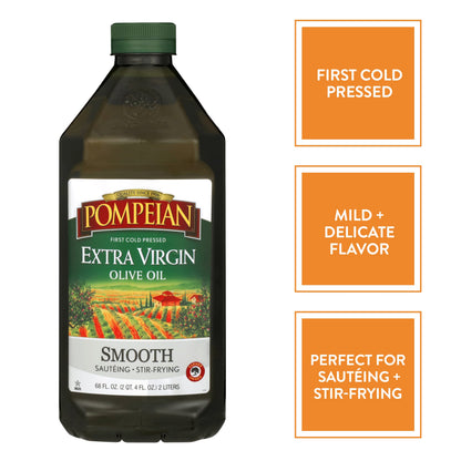 Pompeian Smooth Extra Virgin Olive Oil, First Cold Pressed, Mild and Delicate Flavor, Perfect for Sauteing & Stir-Frying, 68 Fl Oz-UPStoxs